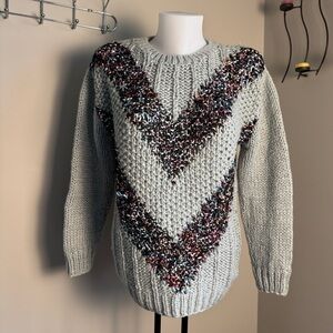Barbra Sue Vintage Chunky Knit Long Sleeve Sweater Gray Ribbon Chevron **Flaws**